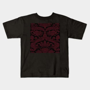 Burgundy on Black Gothic Royal Medieval Damask Scrolls Kids T-Shirt